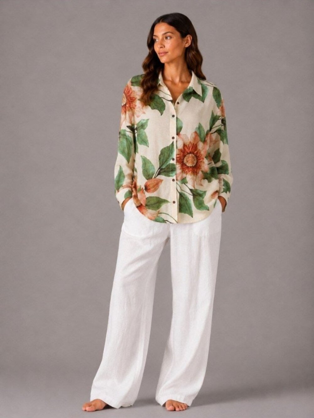 Women’s CottonViscose Floral Button Down Shirt Green Rust Long Sleeve L Thailand